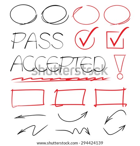red pen drawn marks, check marks, arrows
