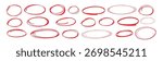 Red pen drawn marks, red circle set, highlight circle. Charcoal pen round ovals. Set of doodle ellipses. Scribble ovals, marker round elements isolated on a white background.