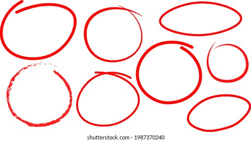 Red Pen Drawn Marks, Red Circle Set,  Highlight Circle