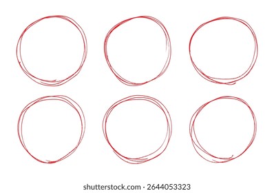 Red pen drawn marks, red circle set, highlight circle. Charcoal pen round ovals. Set of doodle ellipses. Scribble ovals, marker round elements isolated on a white background.	
