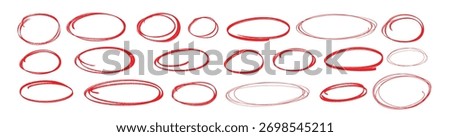Red pen drawn marks, red circle set, highlight circle. Charcoal pen round ovals. Set of doodle ellipses. Scribble ovals, marker round elements isolated on a white background.