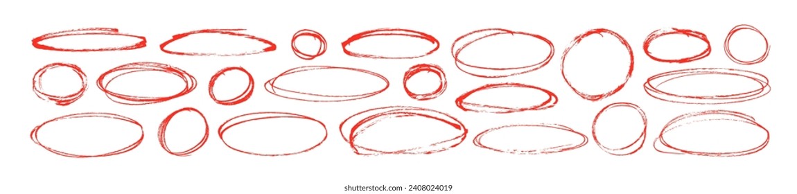 Red pen ellipses and circles to emphasize text in hand drawn notes. Doodle round shapes. Vector ovals and ellipses lines to highlight text. Set of various red scribble ovals, bubbles and circles.