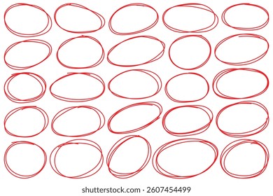Red pen ellipses and circles to emphasize text in hand drawn notes. Hand drawn doodle grunge circle highlights. Circle frame set. Circular scribble doodle vector illustration. Round frame set. 
