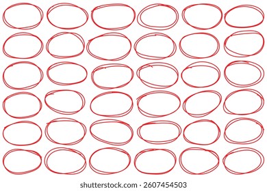 Red pen ellipses and circles to emphasize text in hand drawn notes. Hand drawn doodle grunge circle highlights. Circle frame set. Circular scribble doodle vector illustration. Round frame set. 