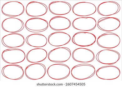 Red pen ellipses and circles to emphasize text in hand drawn notes. Hand drawn doodle grunge circle highlights. Circle frame set. Circular scribble doodle vector illustration. Round frame set. 