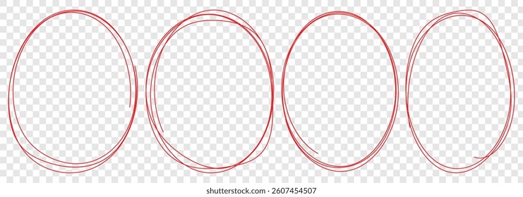 Red pen ellipses and circles to emphasize text in hand drawn notes. Hand drawn doodle grunge circle highlights. Circle frame set. Circular scribble doodle vector illustration. Round frame set. 