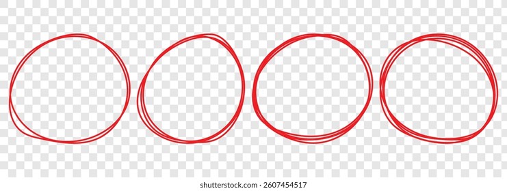 Red pen ellipses and circles to emphasize text in hand drawn notes. Hand drawn doodle grunge circle highlights. Circle frame set. Circular scribble doodle vector illustration. Round frame set. 