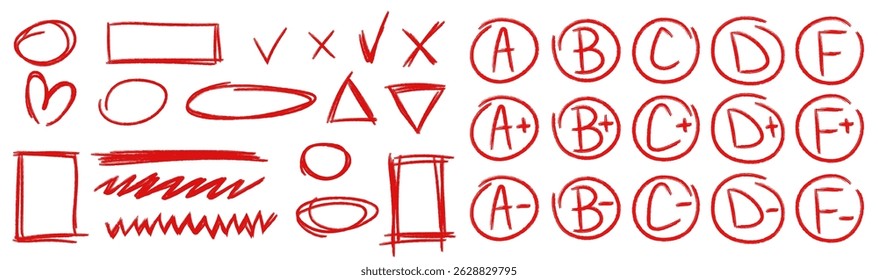 Red pen grade marks and test symbols. Vector Hand drawn school scores from A+ to F, percentages, checkboxes, stars, and comments Excellent and Fail. Doodle exam elements for educational design. 