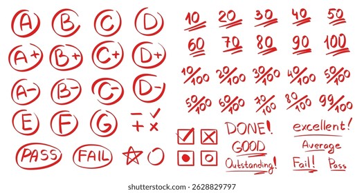Red pen grade marks and test symbols. Vector Hand drawn school scores from A+ to F, percentages, checkboxes, stars, and comments Excellent and Fail. Doodle exam elements for educational design. 