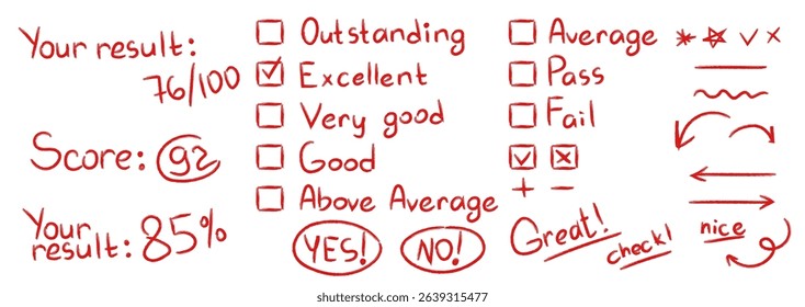 Red pen grade marks and test symbols. Vector Hand drawn school scores from A+ to F, percentages, checkboxes, stars, and comments Excellent and Fail. Doodle exam elements for educational design. 