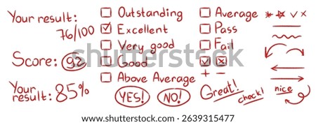 Red pen grade marks and test symbols. Vector Hand drawn school scores from A+ to F, percentages, checkboxes, stars, and comments Excellent and Fail. Doodle exam elements for educational design. 