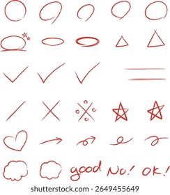 Red Pen Grading Marks and Symbols Hand Drawn Doodle Set for Education and Correction Flat Vector Illustration
