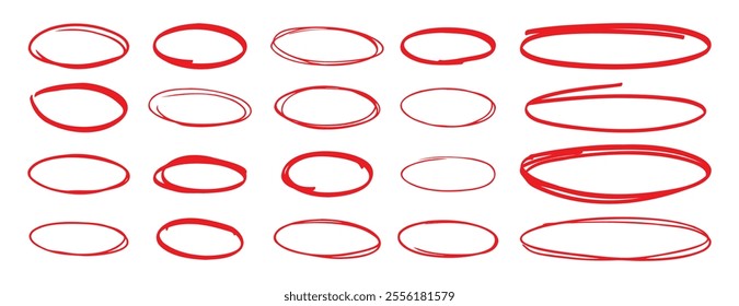 red pen hand drawn doodle marks, red circle and oval stroke set. Outline red drawing line clipart symbol. Vector illustration