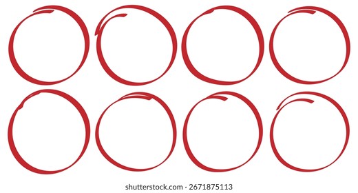 Marcas de doodle dibujadas a mano de bolígrafo rojo, círculo rojo y conjunto de trazo ovalado. Clipart de línea de dibujo rojo. círculo rojo dibujado a mano. marcador de resaltado dibujado por pincel. eps 10