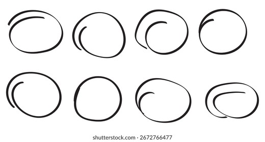 red pen hand drawn doodle marks, red circle and oval stroke set. Outline red drawing line clipart symbol