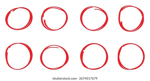 roter Stift handgezeichnete Doodle-Markierungen, roter Kreis und ovaler Strichsatz. Skizzensatz für handgezeichnete Kreis-Textmarker-Linien. 