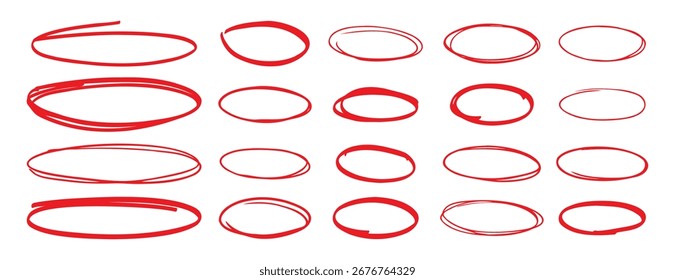 red pen hand drawn doodle marks, red circle and oval stroke set. Outline red drawing line clipart symbol. Vector illustration