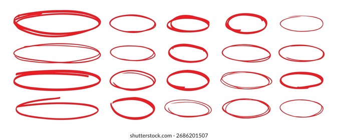 red pen hand drawn doodle marks, red circle and oval stroke set. Outline red drawing line clipart symbol. Vector illustration