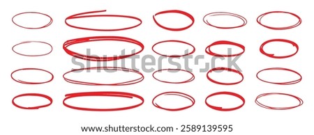 red pen hand drawn doodle marks, red circle and oval stroke set. Outline red drawing line clipart symbol. Vector illustration