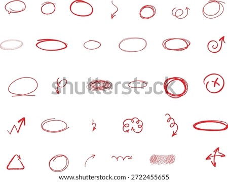 red pen hand drawn doodle marks, red circle and oval stroke set. Outline symbol