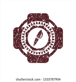 Red pen icon inside distressed rubber seal with grunge texture