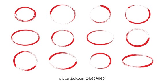 Red pen line oval, round sketch doodle, pencil charcoal marker, brush ellipse scribble, circular grunge frame, outline paint bubble, text element, freehand ring. Vector illustration