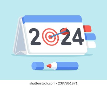 A red pen mark target next year's goal on 2024 new year calendar on blue background. Vector illustration Cute design for banner and poster.