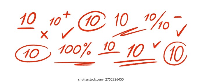 Red pen mark, vector grade 10 symbol on school exam sheet, test score result with plus sign, education paper check icon. Hand drawn pencil texture collection