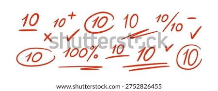 Red pen mark, vector grade 10 symbol on school exam sheet, test score result with plus sign, education paper check icon. Hand drawn pencil texture collection