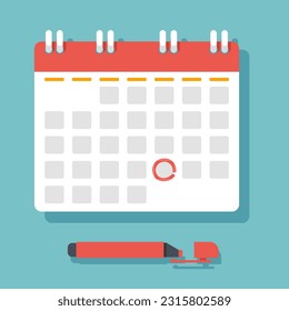 Red pen marks the date, holiday, priority, important, reminder day on calendar concept decorative with leaves on background. Vector illustration flat design for banner and poster.