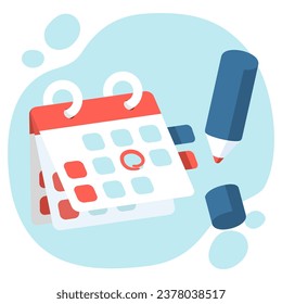 Red pen marks the date, holiday, priority, important, reminder day on calendar concept on blue  background. Vector illustration Cute design for banner and poster.