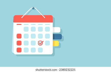 Red pen marks the date, holiday, priority, important, reminder day on hanging calendar concept on a blue background. Vector illustration flat design for banner and poster.