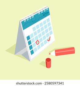 Red pen marks the date, holiday, priority, important, reminder day on calendar concept. Vector illustration isometric flat design for banner, background, and poster.