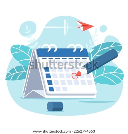 Red pen marks the date, holiday, priority, important, reminder day on calendar concept decorative with leaves on background. Vector illustration flat design for banner and poster.