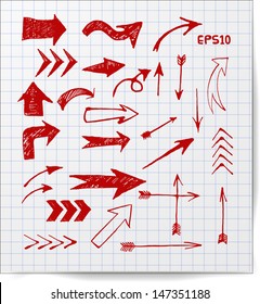 Red Pen Sketch Arrow Collection For Your Design. Hand Drawn With Ink. Vector Illustration.