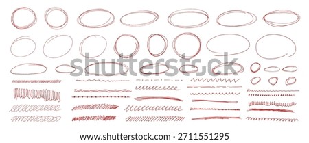 Red pen sketch bundle featuring round circle underline strokes mixed with doodle arrow shapes forming vector set kit built for highlight text using scribble oval line composition.
