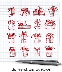 Red pen sketches of gift boxes . Vector illustration.