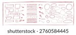 Red pen strokes circle underline shapes with hand drawn doodle arrow elements. Vector kit highlight text scribble oval. Encircle important note with rough strike effect red pen.