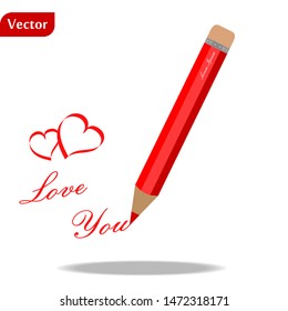 red pen with text I love you and two hearts on white background