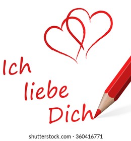 red pen with text I love you (in german) and two hearts