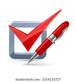 red pen and tick mark icon isolated on white background-concept vector ilustration