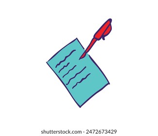 a red pen is writing on a piece of paper. Simple hand drawn style illustration for education and business communication concept