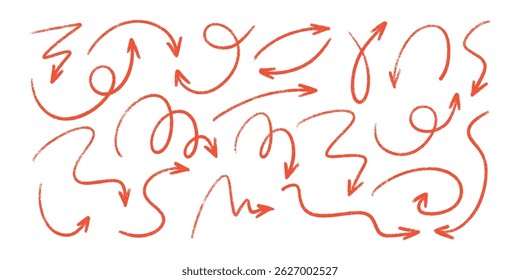 Red pencil arrow doodles set - hand drawn swirls, curved lines, chaotic pointers. Chalk sketches, artistic design elements pack. Grunge style marker scribbles, crayon strokes outline drawings.