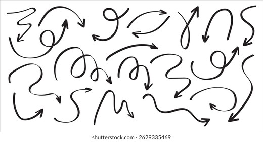 Red pencil arrow doodles set - hand drawn swirls, curved lines, chaotic pointers. Chalk sketches, artistic design elements pack. Grunge style marker scribbles, crayon strokes outline drawings.
