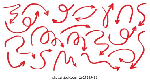 Red pencil arrow doodles set - hand drawn swirls, curved lines, chaotic pointers. Chalk sketches, artistic design elements pack. Grunge style marker scribbles, crayon strokes outline drawings.