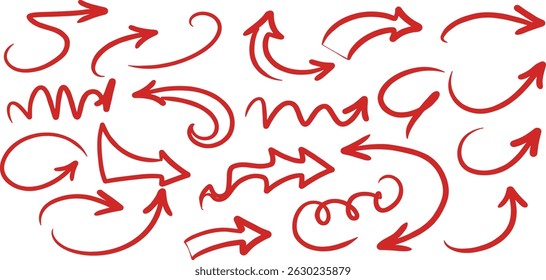 Red pencil arrow doodles set - hand drawn swirls, curved lines, chaotic pointers. Chalk sketches, artistic design elements pack.