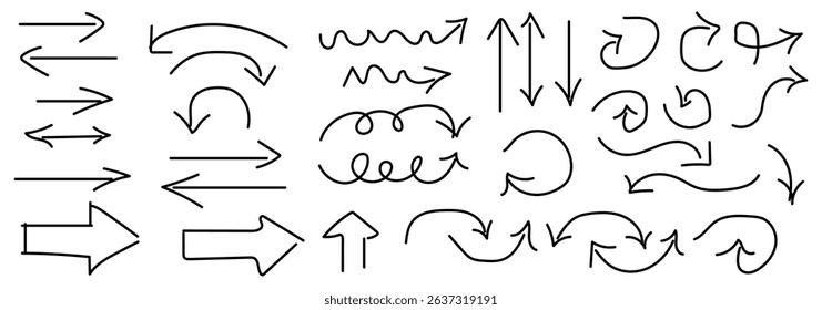 Red pencil arrow doodles set - hand drawn swirls, curved lines, chaotic pointers. Chalk sketches, artistic design elements pack. Grunge style marker scribbles,
