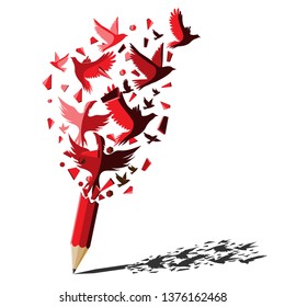 Red pencil with birds freedom concept.Birds attack to break the wall for freedom.Creative splash red pencil idea theme.