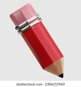 Red pencil cartoon 3d. illustration icon on white background. cute stationery icon illustration