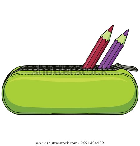Red pencil case with pens vector isolated white background
